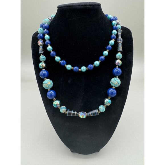 Vintage Blue Teal Gold Metallic Beaded Necklace - Picture 1 of 10